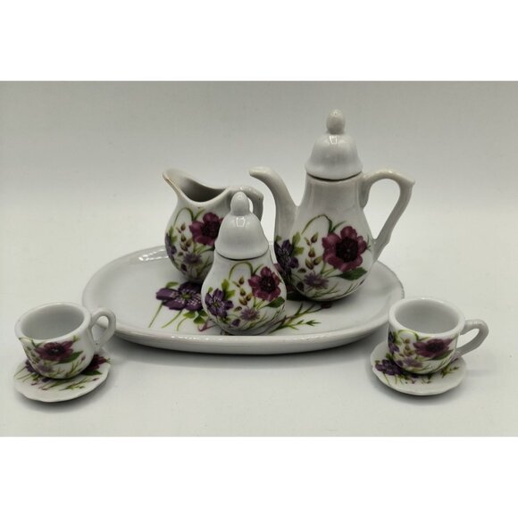 Miniature Royal Norfolk Porcelain Tea Set With Purple Floral Design - Picture 2 of 5